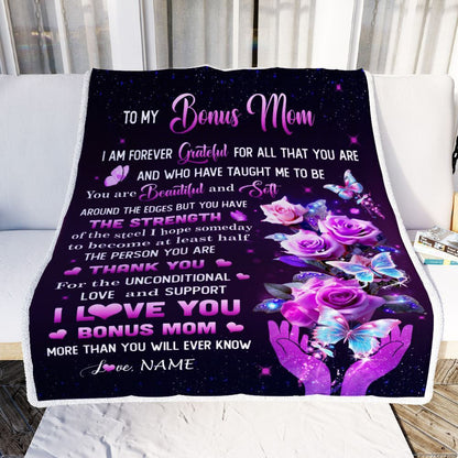 Personalized To My Bonus Mom Blanket From Daughter Thank You For Love Butterfly, Mother's Day Blanket, Mothers Day Birthday Gifts For Mom