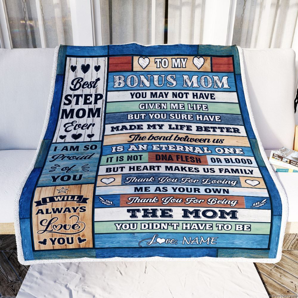 Personalized To My Bonus Mom Blanket From Step Daughter Son Wood Best Gifts For Great, Mother's Day Blanket, Mothers Day Birthday Gifts For Mom