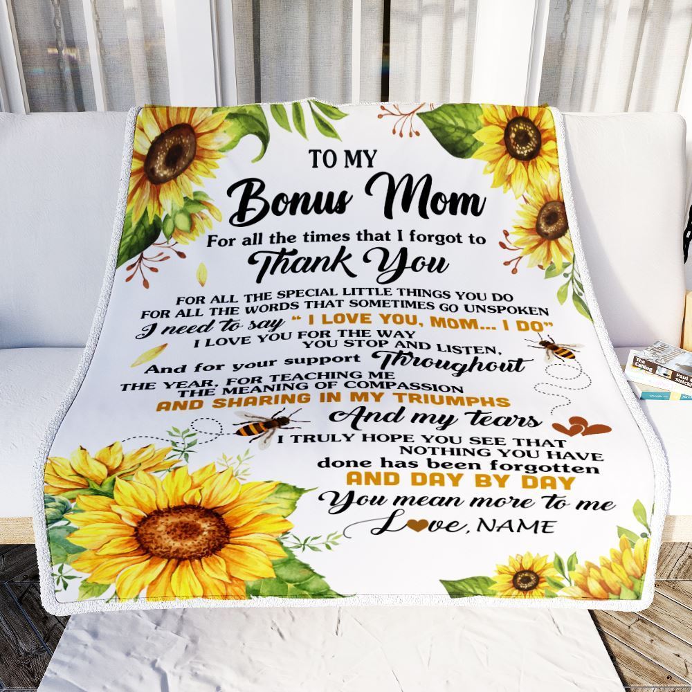 Personalized To My Bonus Mom Blanket From Step Daughter Sunflower Thank You I Love You, Mother's Day Blanket, Mothers Day Birthday Gifts For Mom
