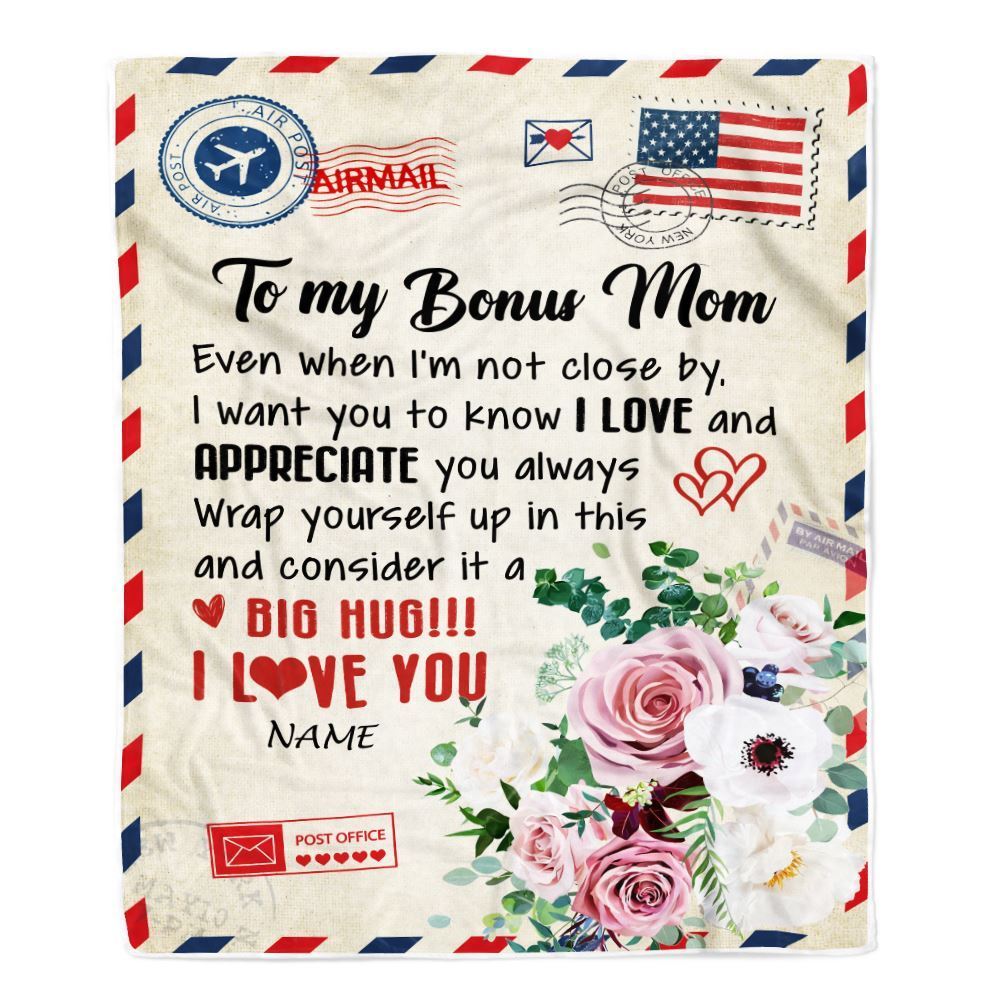 Personalized To My Bonus Mom Blanket from Daughter Son Floral Air Mail Letter I Love You Bonus, Mother's Day Blanket, Mothers Day Birthday Gifts