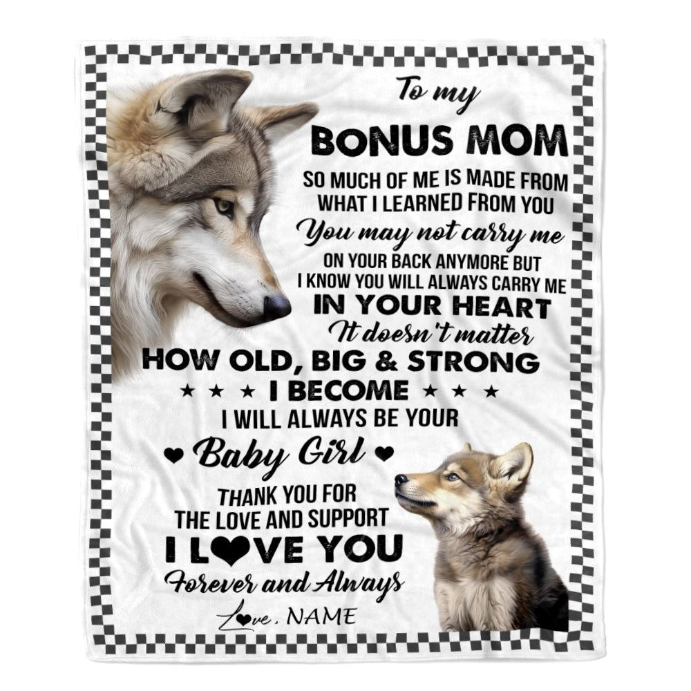 Personalized To My Bonus Mom From Step Daughter Blanket Wolf Always Be Your Little, Mother's Day Blanket, Mothers Day Birthday Gifts For Mom