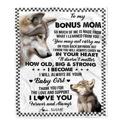 Personalized To My Bonus Mom From Step Daughter Blanket Wolf Always Be Your Little, Mother's Day Blanket, Mothers Day Birthday Gifts For Mom
