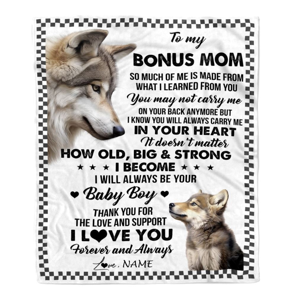 Personalized To My Bonus Mom From Step Son Blanket Wolf Always Be Your Little, Mother's Day Blanket, Mothers Day Birthday Gifts For Mom