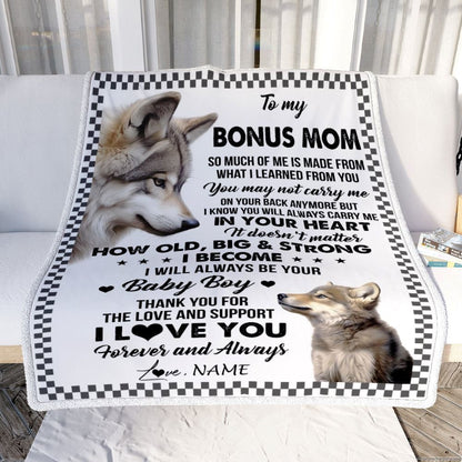 Personalized To My Bonus Mom From Step Son Blanket Wolf Always Be Your Little, Mother's Day Blanket, Mothers Day Birthday Gifts For Mom