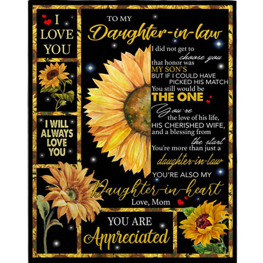 Personalized To My Daughter In Law You Are Appreciated In Heart Funny Gift From Mother Mom Sunflower Black Fleece Blanket, Mother's Day Blanket