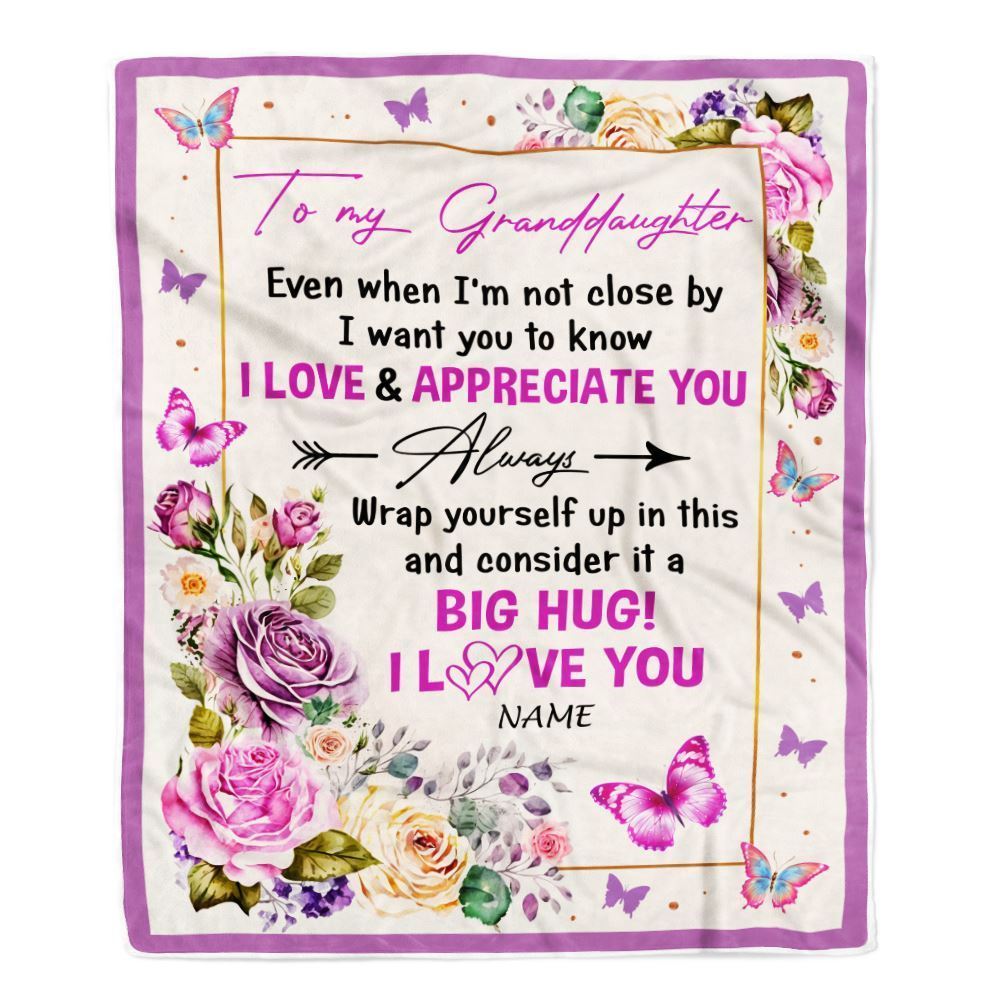 Personalized To My Granddaughter Blanket From Grandma It A Big Hug Butterfly Rose Blanket, Mother's Day Blanket, Presents For Her