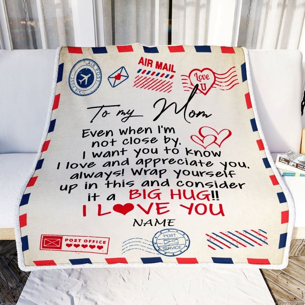 Personalized To My Mom Blanket From Daughter Son I Love You Hugs Air Mail Letter Blanket, Mother's Day Blanket, Presents For Her