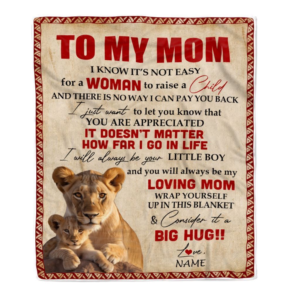Personalized To My Mom Blanket From Son Lion I Know It's Not Easy For A Man To Raise A Child Blanket, Mother's Day Blanket, Presents For Her