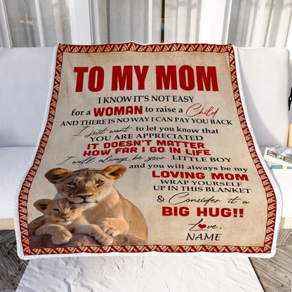 Personalized To My Mom Blanket From Son Lion I Know It's Not Easy For A Man To Raise A Child Blanket, Mother's Day Blanket, Presents For Her