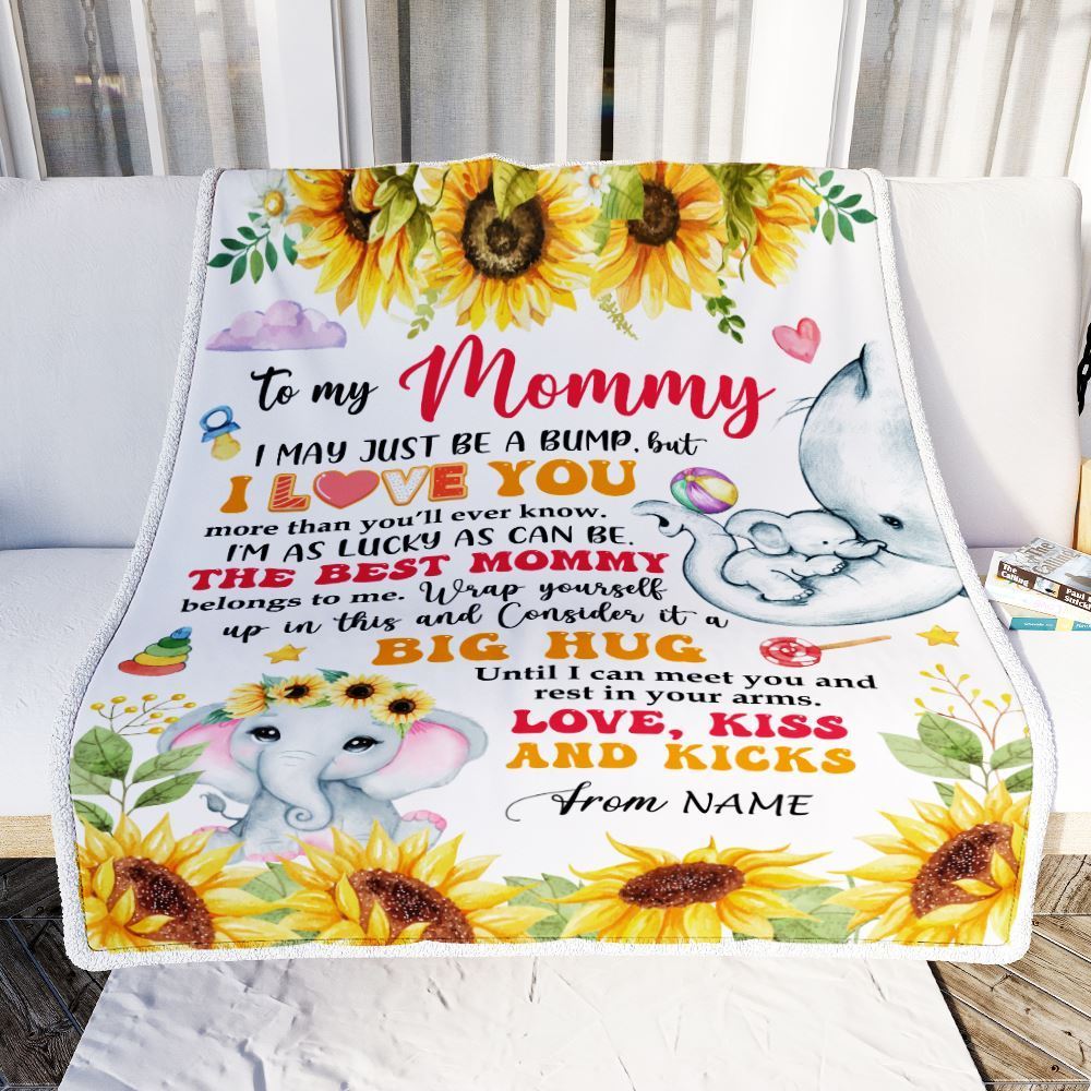 Personalized To My Mommy Blanket First Time Mom Elephant Sunflower I May Just Be A Bump Happy Blanket, Mother's Day Blanket, Presents For Her