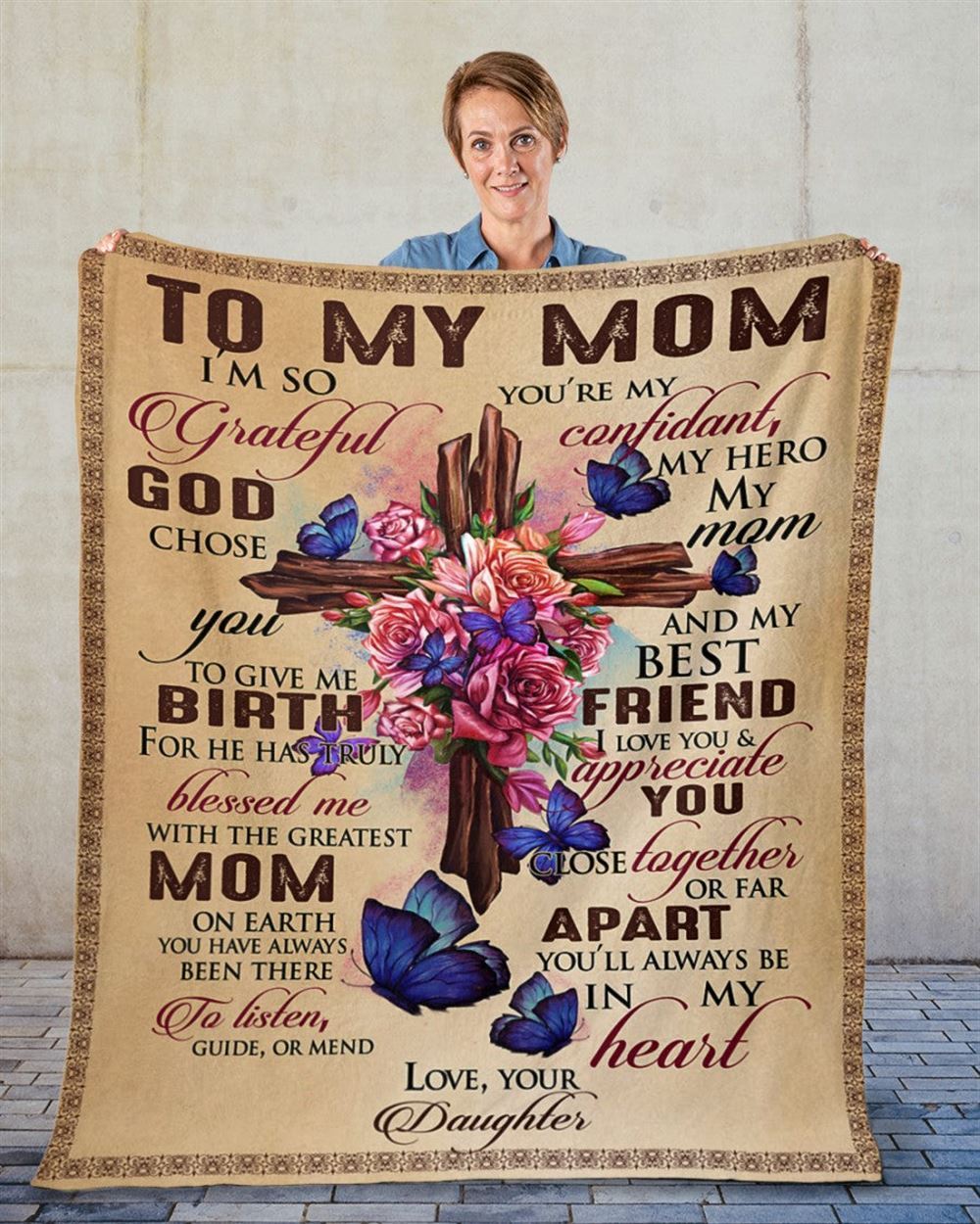 Personalized To My Mommy Blanket From Kids Vintage Christ Cross Grateful God Chose You Blanket, Mother's Day Blanket, Birthday Gift
