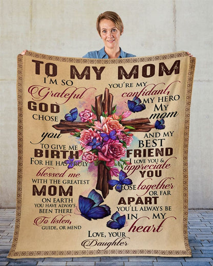 Personalized To My Mommy Blanket From Kids Vintage Christ Cross Grateful God Chose You Blanket, Mother's Day Blanket, Birthday Gift