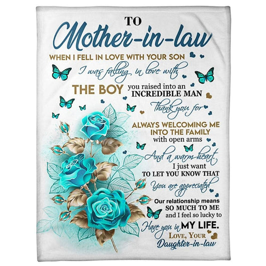 Personalized To My Mother-In-Law Blanket Blue Rose Butterflies I Was Falling In Love Blanket, Mother's Day Blanket, Birthday Gift