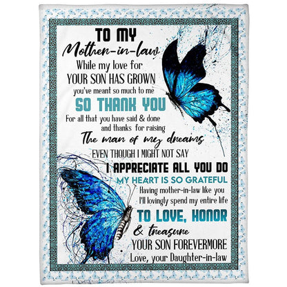 Personalized To My Mother-In-Law Blanket Butterflies Thanks For Raising The Man Blanket, Mother's Day Blanket, Birthday Gift