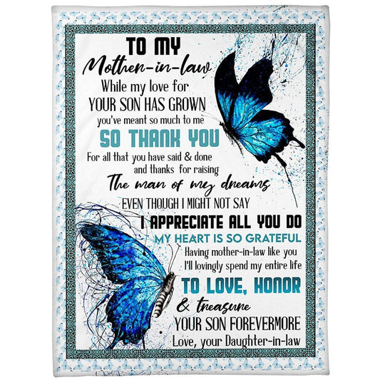 Personalized To My Mother-In-Law Blanket Butterflies Thanks For Raising The Man Blanket, Mother's Day Blanket, Birthday Gift