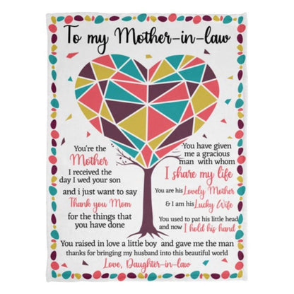 Personalized To My Mother-In-Law Blanket Colorful Triangle Puzzle Heart Tree Blanket, Mother's Day Blanket, Birthday Gift