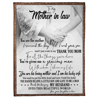 Personalized To My Mother-In-Law Blanket Hand Holding Hand I Am His Lucky Wife Blanket, Mother's Day Blanket, Birthday Gift