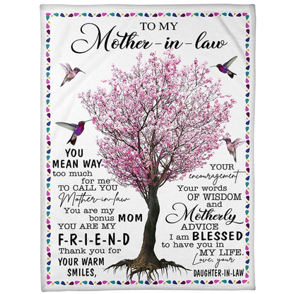 Personalized To My Mother-In-Law Blanket Hummingbird Tree You Mean Way Too Much Blanket, Mother's Day Blanket, Birthday Gift