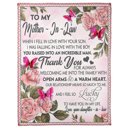 Personalized To My Mother-In-Law Blanket I Fell In Love With Your Son Flower Butterflies Blanket, Mother's Day Blanket, Birthday Gift