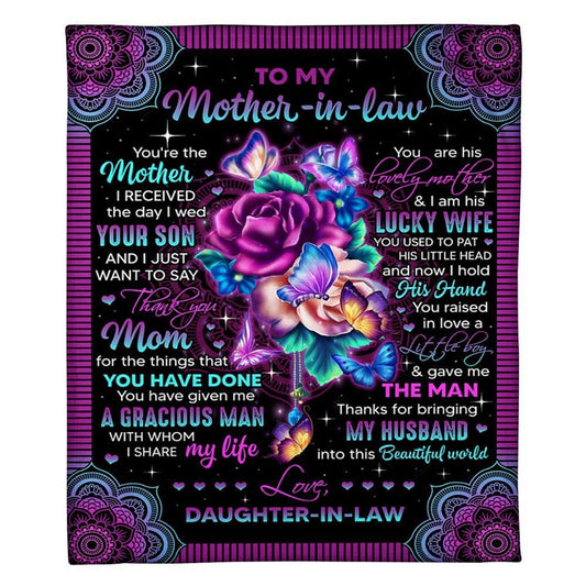 Personalized To My Mother-In-Law Blanket Mandala Design Flower And Butterflies Blanket, Mother's Day Blanket, Birthday Gift