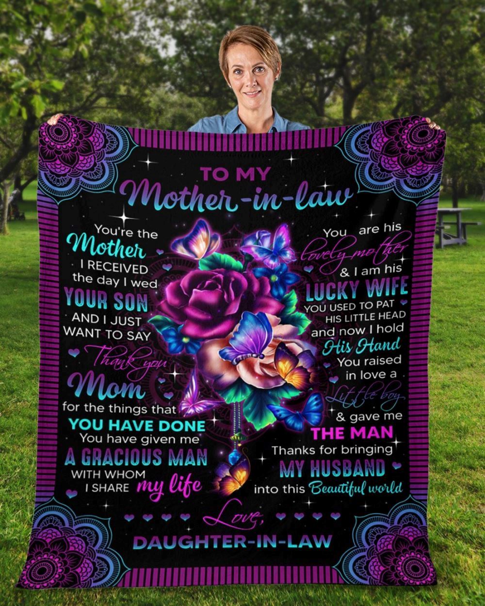 Personalized To My Mother-In-Law Blanket Mandala Design Flower And Butterflies Blanket, Mother's Day Blanket, Birthday Gift