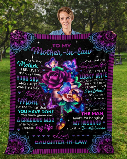 Personalized To My Mother-In-Law Blanket Mandala Design Flower And Butterflies Blanket, Mother's Day Blanket, Birthday Gift