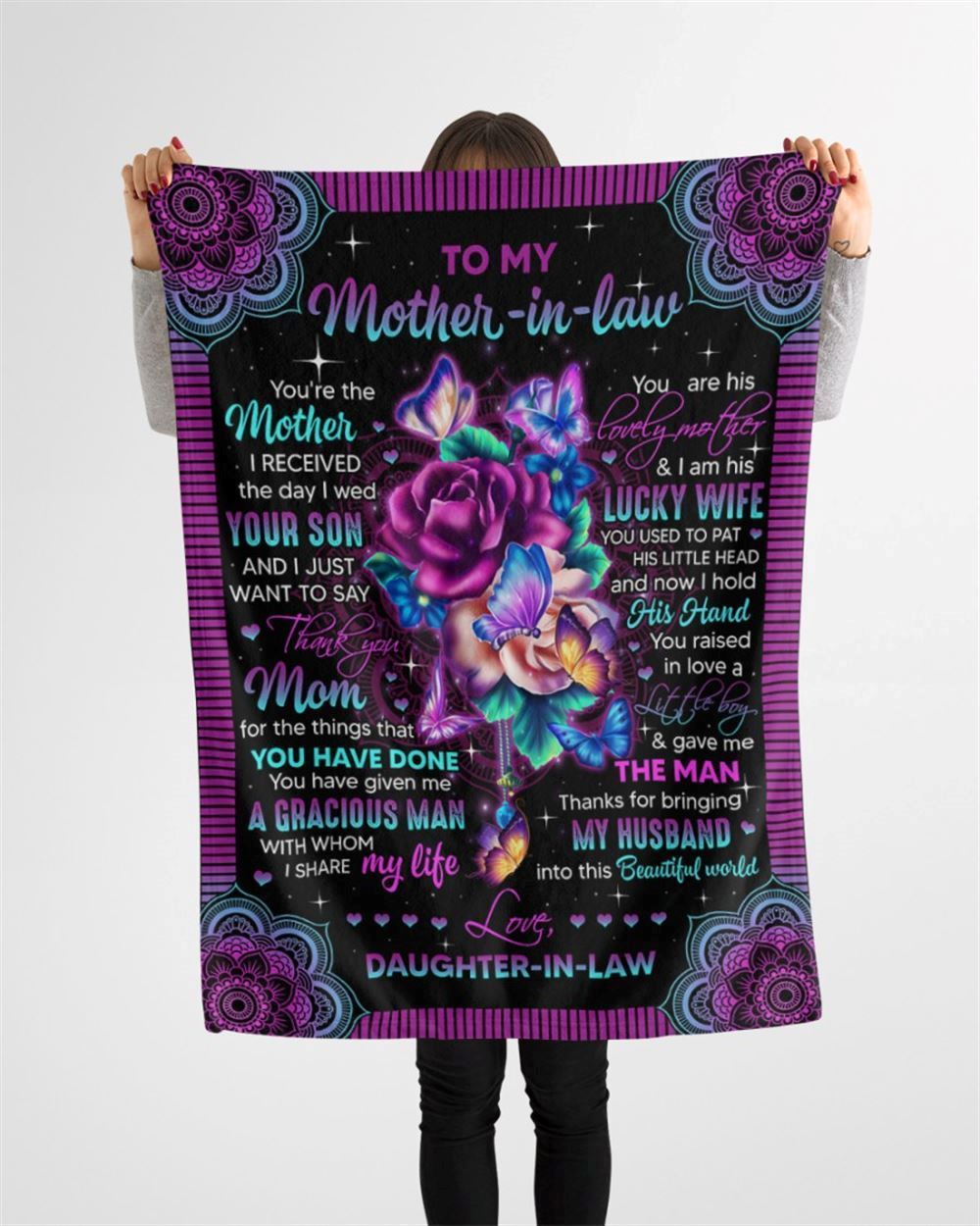 Personalized To My Mother-In-Law Blanket Mandala Design Flower And Butterflies Blanket, Mother's Day Blanket, Birthday Gift