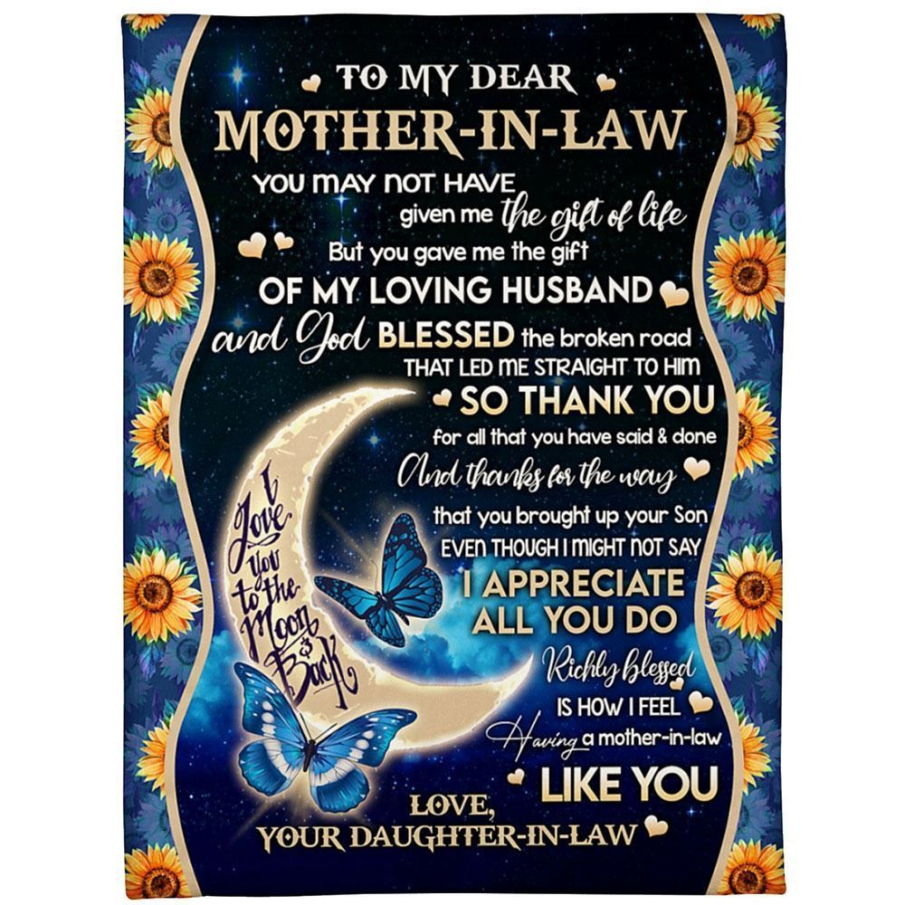 Personalized To My Mother-In-Law Blanket Sunflower Blue Butterflies & Moon Blanket, Mother's Day Blanket, Birthday Gift