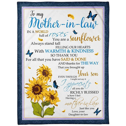Personalized To My Mother-In-Law Blanket Sunflower Butterflies In A World Full Of Rose Blanket, Mother's Day Blanket, Birthday Gift