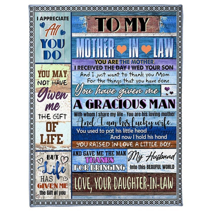 Personalized To My Mother-In-Law Blanket Vintage Blue Wood Theme Thank You Mom Blanket, Mother's Day Blanket, Birthday Gift