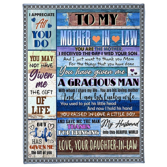 Personalized To My Mother-In-Law Blanket Vintage Blue Wood Theme Thank You Mom Blanket, Mother's Day Blanket, Birthday Gift