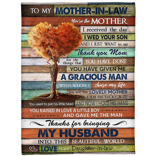 Personalized To My Mother-In-Law Blanket Vintage Heart Tree Thanks For Bringing My Husband Blanket, Mother's Day Blanket, Birthday Gift