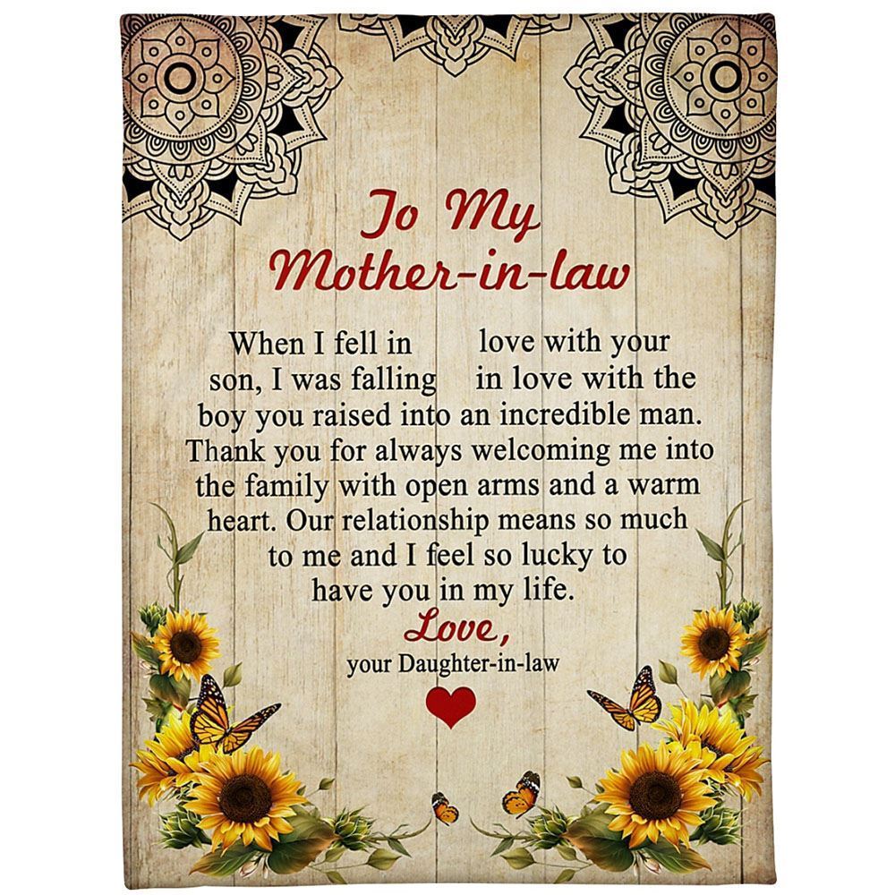 Personalized To My Mother-In-Law Blanket Vintage Sunflower & Butterflies Heart Artwork Blanket, Mother's Day Blanket, Birthday Gift