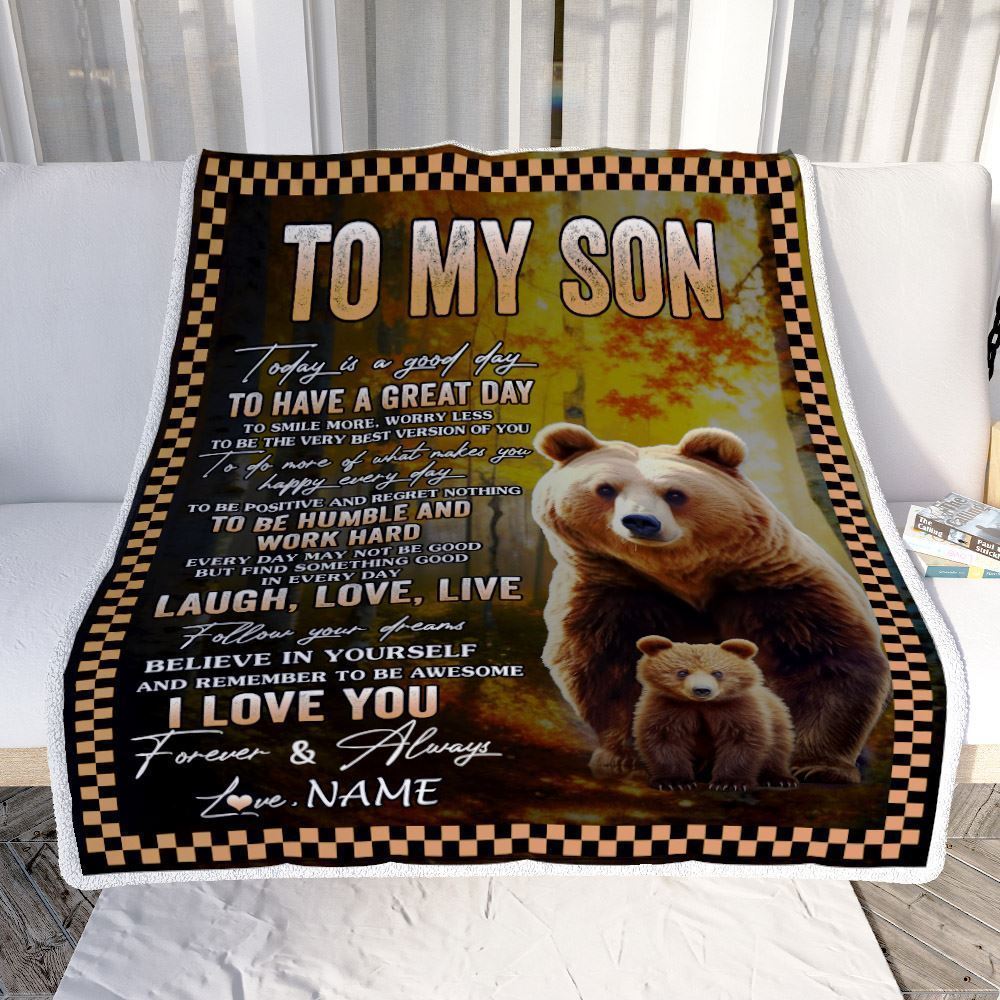 Personalized To My Son Bear Blanket From Mom Dad Mother Every Day Laugh Love Live Blanket, Mother's Day Blanket, Presents For Her