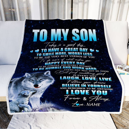 Personalized To My Son Wolf Blanket From Mom Dad Mother Today Is A Good Day Blanket, Mother's Day Blanket, Presents For Her