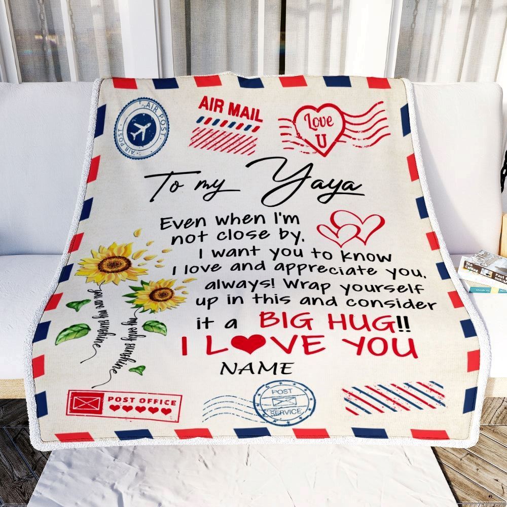 Personalized To My Yaya Blanket From Kids Love Big Hug Air Mail Letter Sunflower Blanket, Mother's Day Blanket, Presents For Her