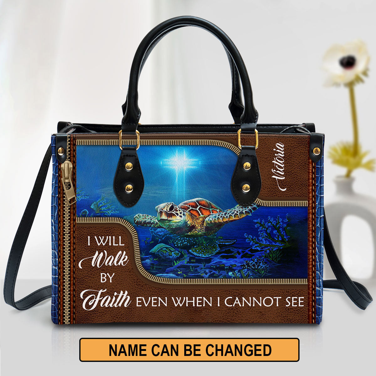 Personalized Turtle Leather Bag I Will Walk By Faith Even When I Cannot See, Women Pu Leather Bag, Christian Gifts For Women
