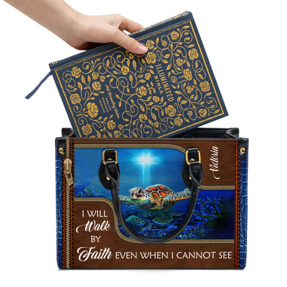 Personalized Turtle Leather Bag I Will Walk By Faith Even When I Cannot See, Women Pu Leather Bag, Christian Gifts For Women