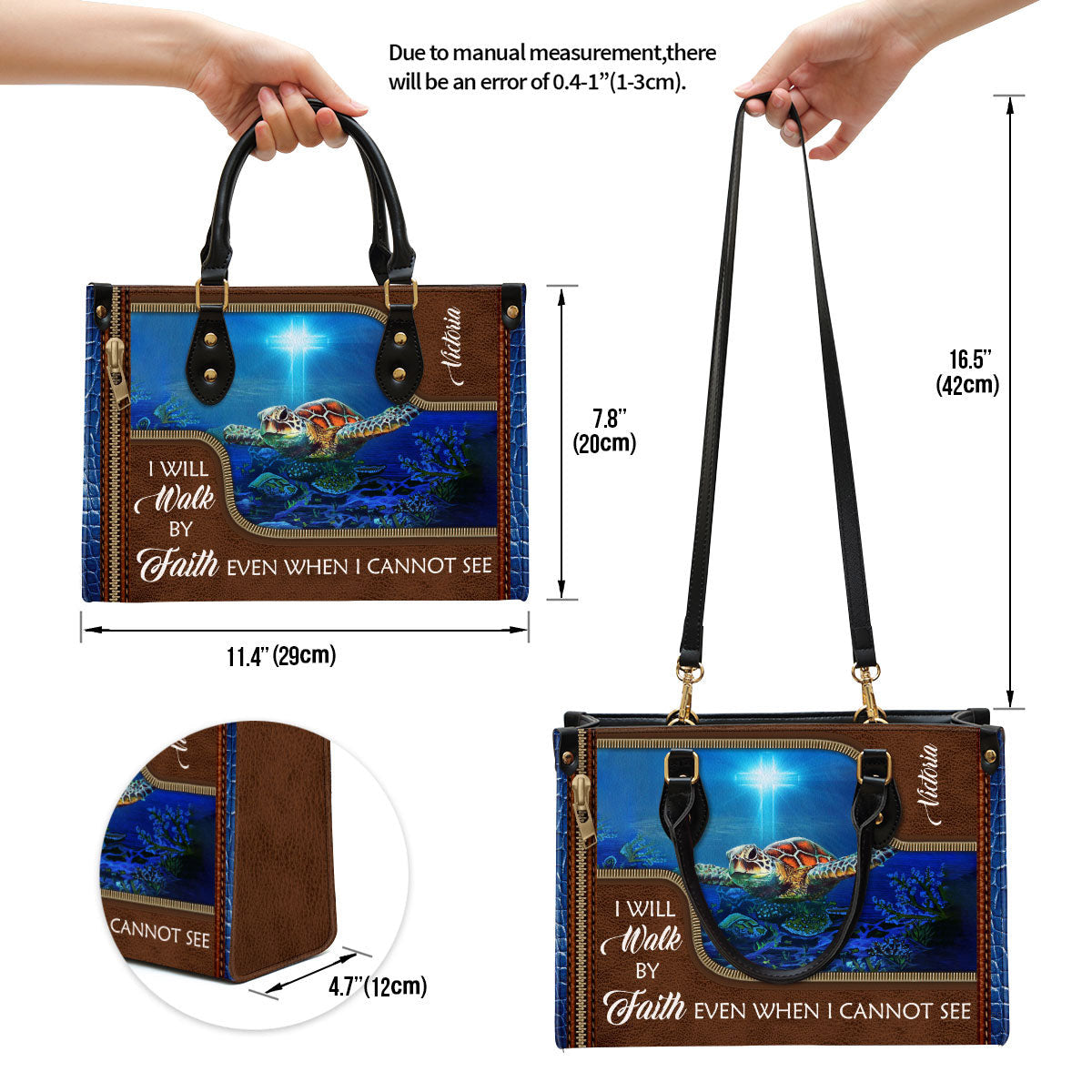 Personalized Turtle Leather Bag I Will Walk By Faith Even When I Cannot See, Women Pu Leather Bag, Christian Gifts For Women