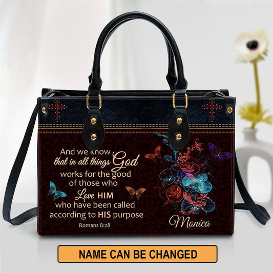Personalized We Know That In All Things God Works Leather Bag, Christian Pu Leather Bags For Women