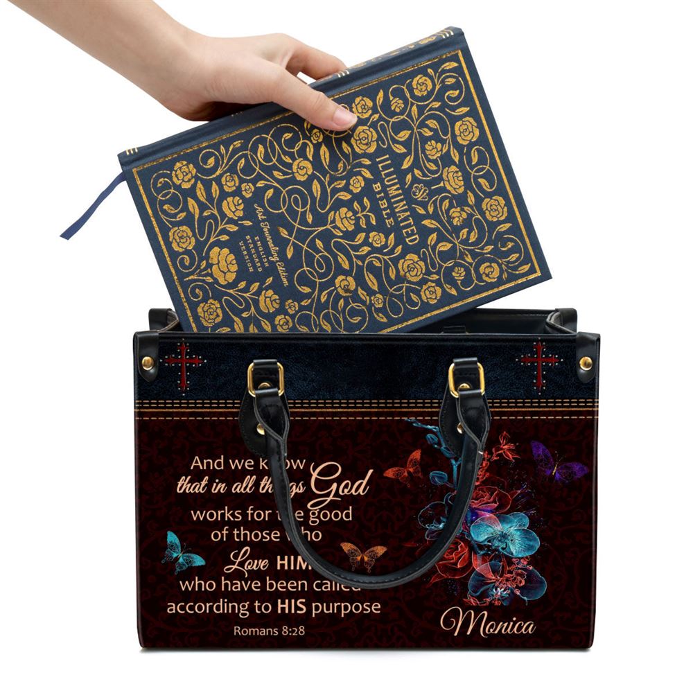 Personalized We Know That In All Things God Works Leather Bag, Christian Pu Leather Bags For Women