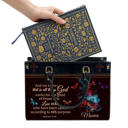 Personalized We Know That In All Things God Works Leather Bag, Christian Pu Leather Bags For Women
