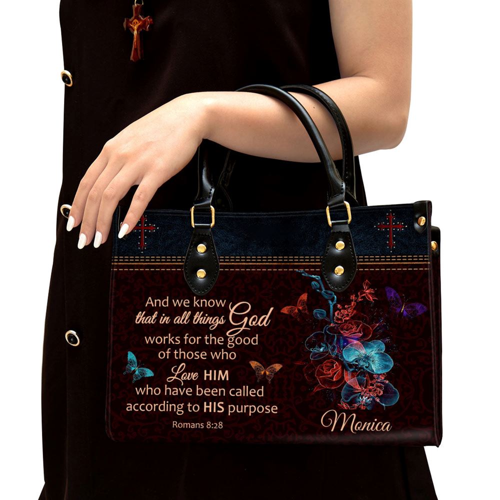 Personalized We Know That In All Things God Works Leather Bag, Christian Pu Leather Bags For Women
