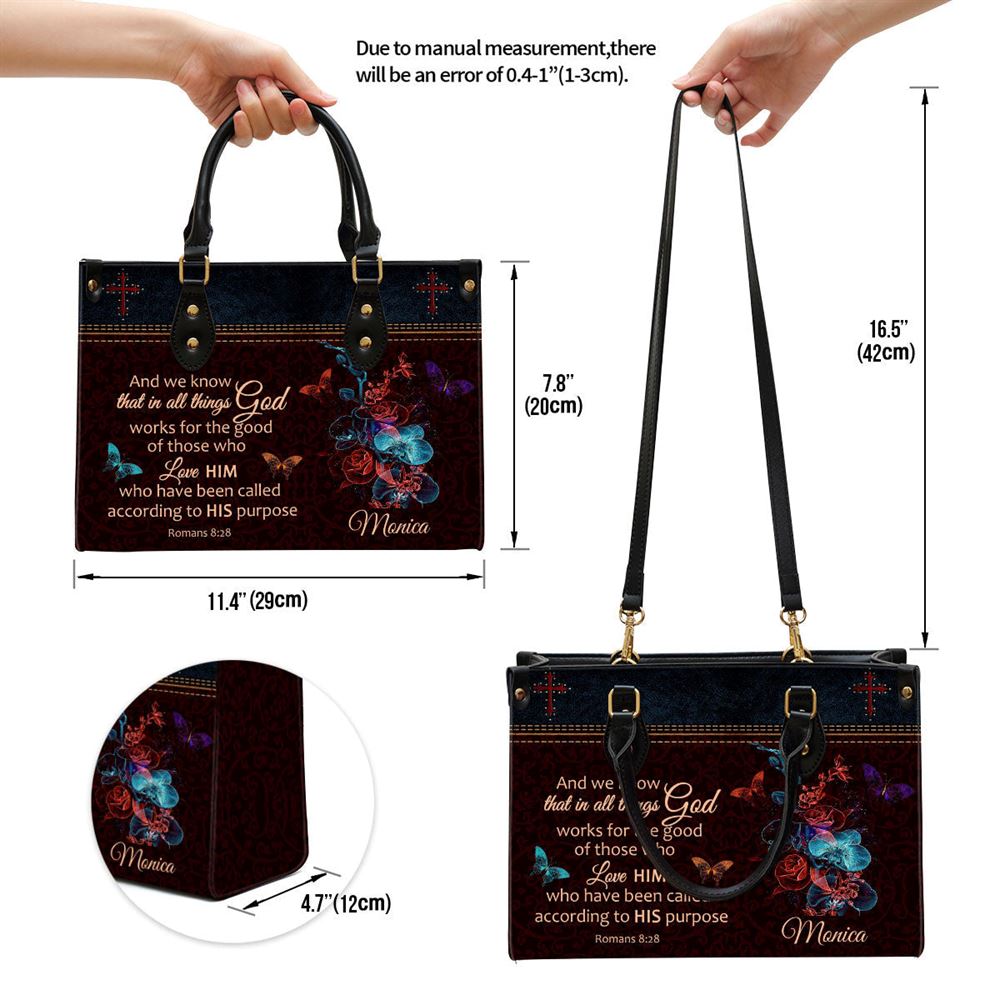 Personalized We Know That In All Things God Works Leather Bag, Christian Pu Leather Bags For Women