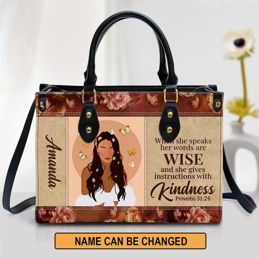Personalized When She Speaks Her Words Are Wise Leather Bag, Christian Pu Leather Bags For Women