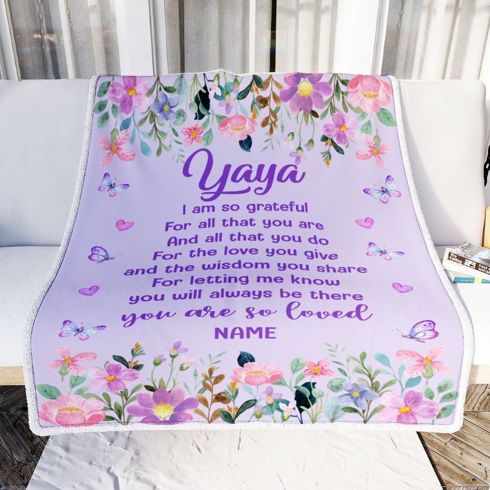 Personalized Yaya Blanket From Granddaughter Grandson Floral Butterfly Love You Blanket, Mother's Day Blanket, Presents For Her