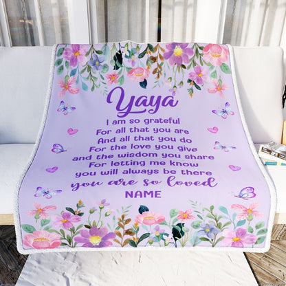 Personalized Yaya Blanket From Granddaughter Grandson Floral Butterfly Love You Blanket, Mother's Day Blanket, Presents For Her