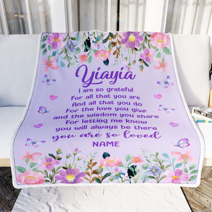 Personalized Yiayia Blanket From Granddaughter Grandson Floral Butterfly Love You Blanket, Mother's Day Blanket, Presents For Her