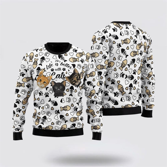 Pet Cat Sweater, Awesome Cat Sweater Life Is Better With Cats Ugly Christmas Sweater, Gift For Cat Love, Cat Crewneck Sweater, Winter Fashion