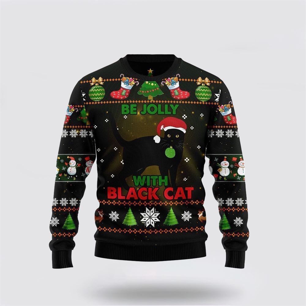 Pet Cat Sweater, Black Cat Be Jolly Ugly Christmas Sweater, Gift For Cat Love, Cat Crewneck Sweater, Winter Fashion